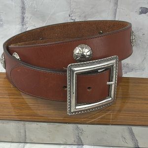 GAP Brown Genuine Leather Western Belt Large Square Buckle Silver Concho Details